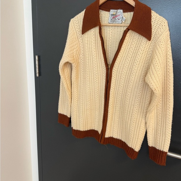 Sun Valley L vintage Cream and Brown Knit Women's Cardigan 100 percent wool EVC - Picture 4 of 12